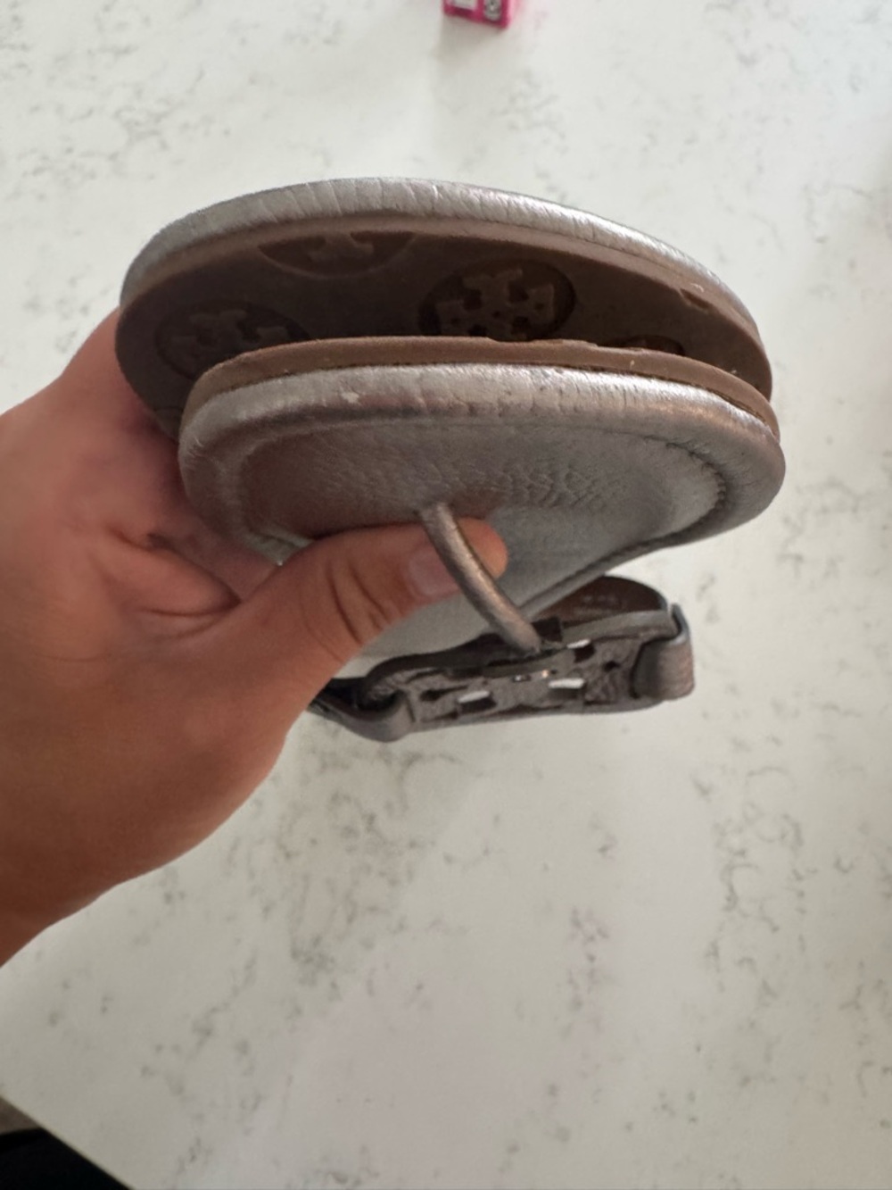 Tory Burch Metallic Pewter Logo Thong Sandals - Picture 2 of 3